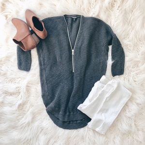 Express Zip-Front Quarter Sleeve Gray Knit Shirt